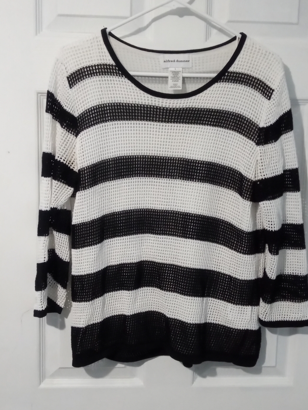 Alfred Dunner Black and White Striped Open Knit Sweater, Lined